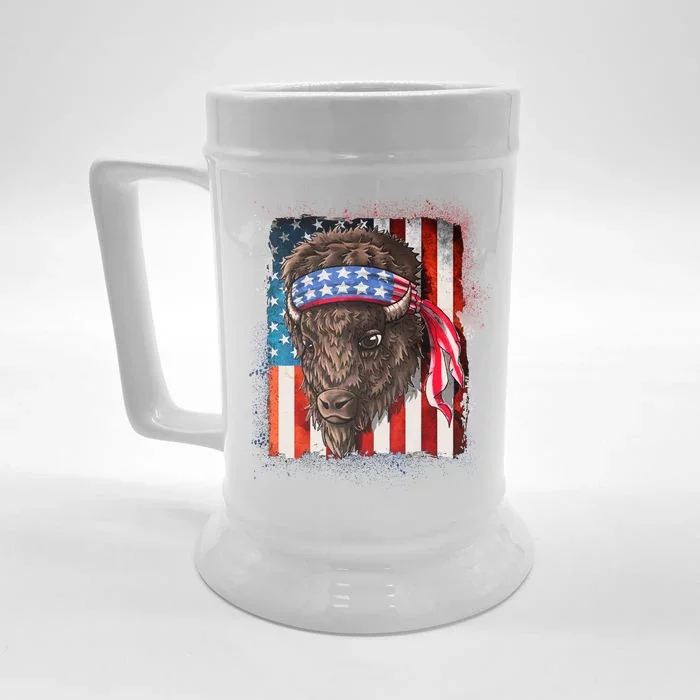 Funny Buffalo With American USA Flag Bandana Front & Back Beer Stein