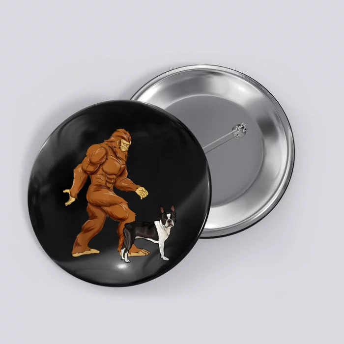 Funny Bigfoot Walking Boston Terrier Sasquatch Dog Button