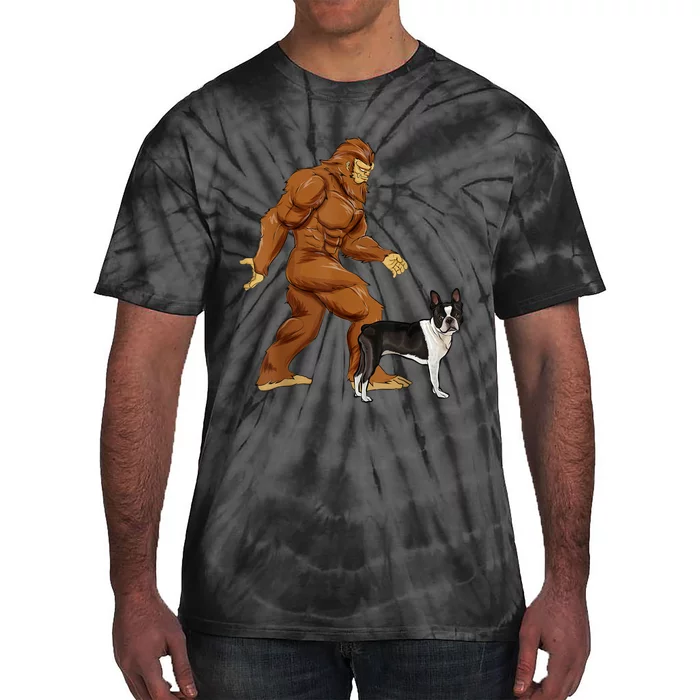 Funny Bigfoot Walking Boston Terrier Sasquatch Dog Tie-Dye T-Shirt