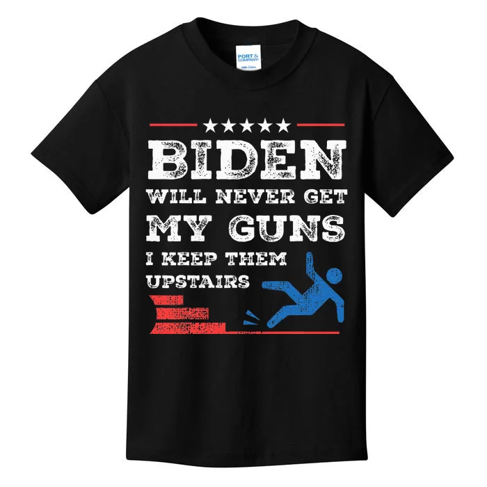 Funny Biden Will Never Get My Guns I Keep Them Upstairs Kids T-Shirt