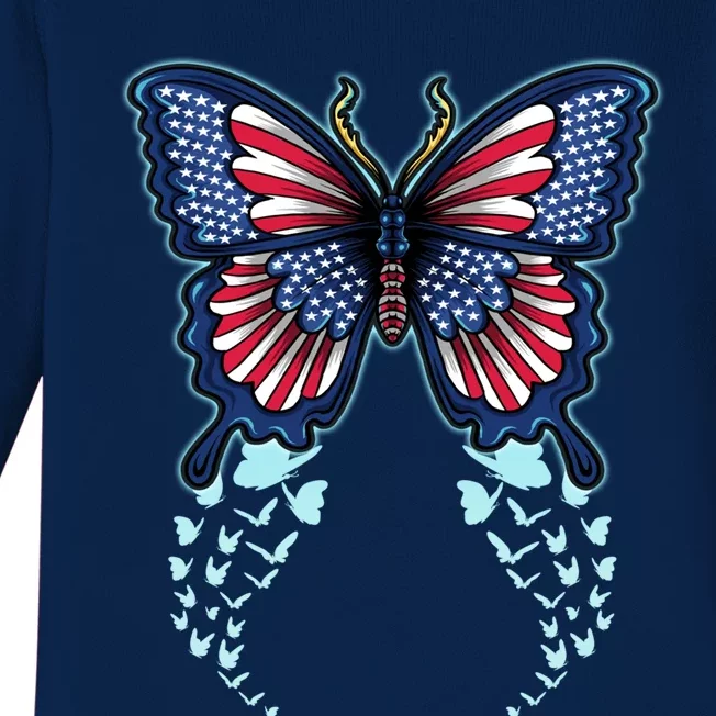 Funny Butterfly With Usa Flag American Patriotic 4th Of July Great Gift Baby Long Sleeve Bodysuit