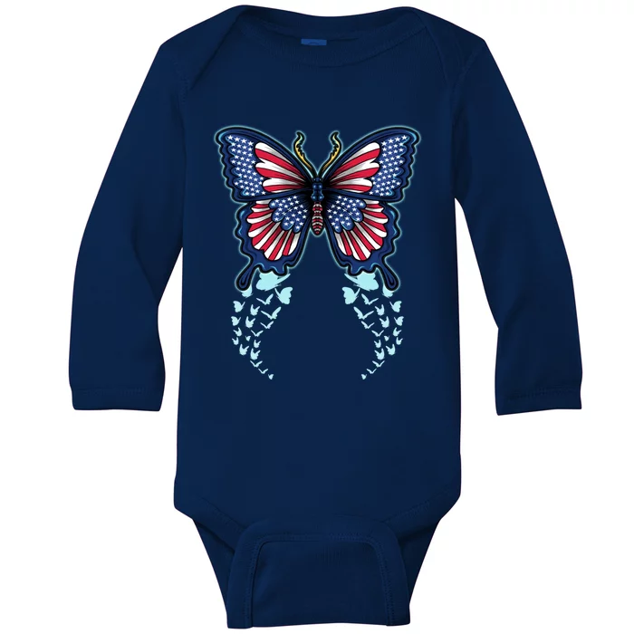 Funny Butterfly With Usa Flag American Patriotic 4th Of July Great Gift Baby Long Sleeve Bodysuit