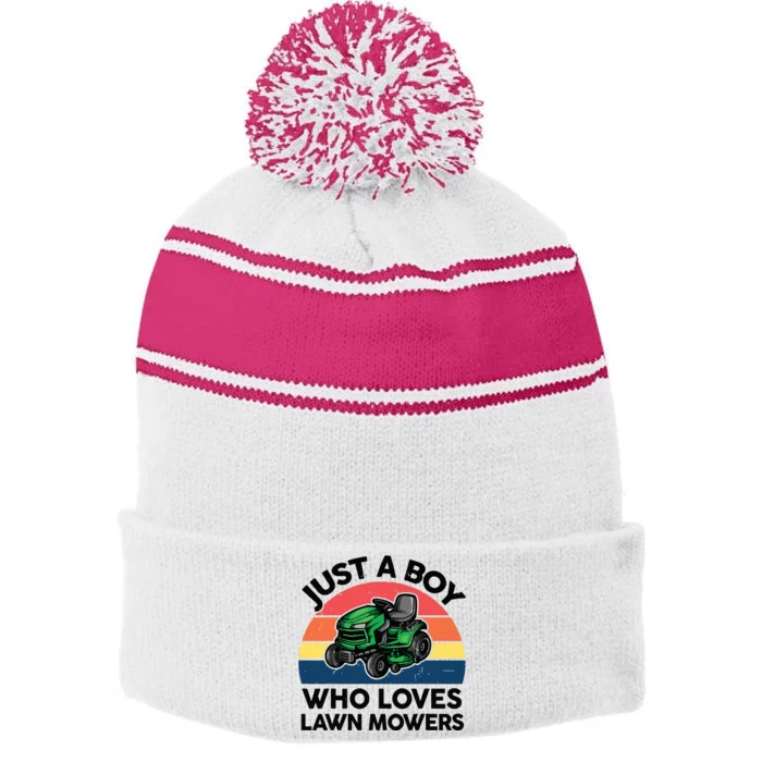 Funny Boy Who Love Lawn Mower T Mowing Gardening Stripe Pom Pom Beanie