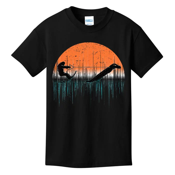 Funny Bigfoot Water Skiing With Loch Ness Monster Bigfoot Kids T-Shirt