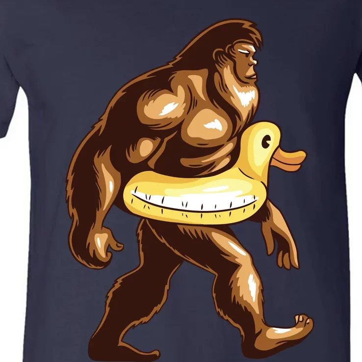 Funny Bigfoot Wearing Duck Floater V-Neck T-Shirt