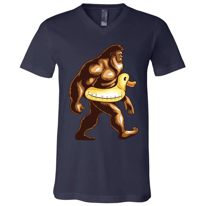 Funny Bigfoot Wearing Duck Floater V-Neck T-Shirt