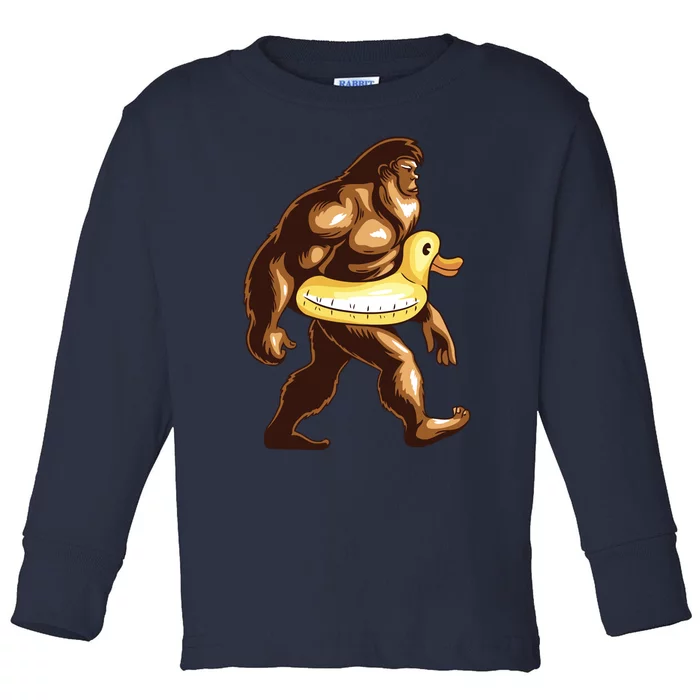 Funny Bigfoot Wearing Duck Floater Toddler Long Sleeve Shirt