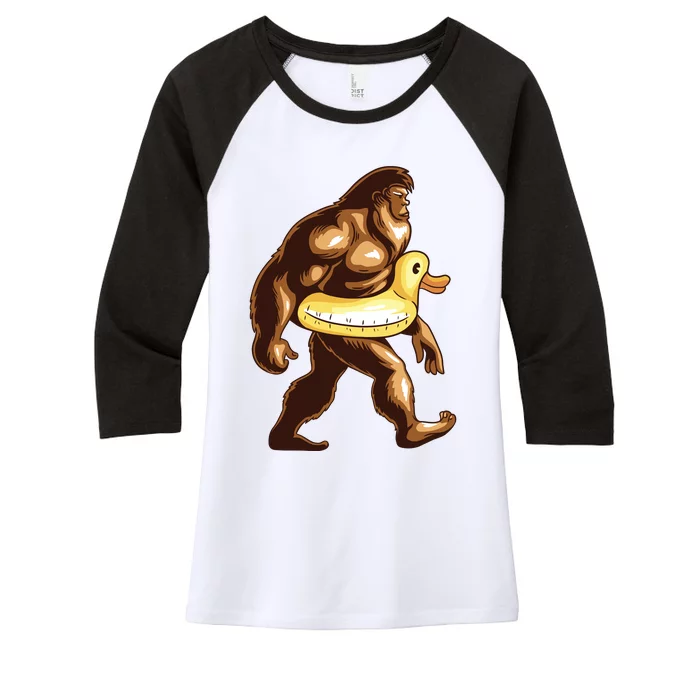 Funny Bigfoot Wearing Duck Floater Women's Tri-Blend 3/4-Sleeve Raglan Shirt