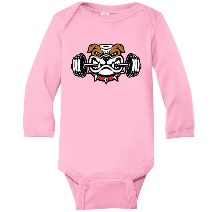 Funny Bulldog Weightlifting Fitness Gym Baby Long Sleeve Bodysuit