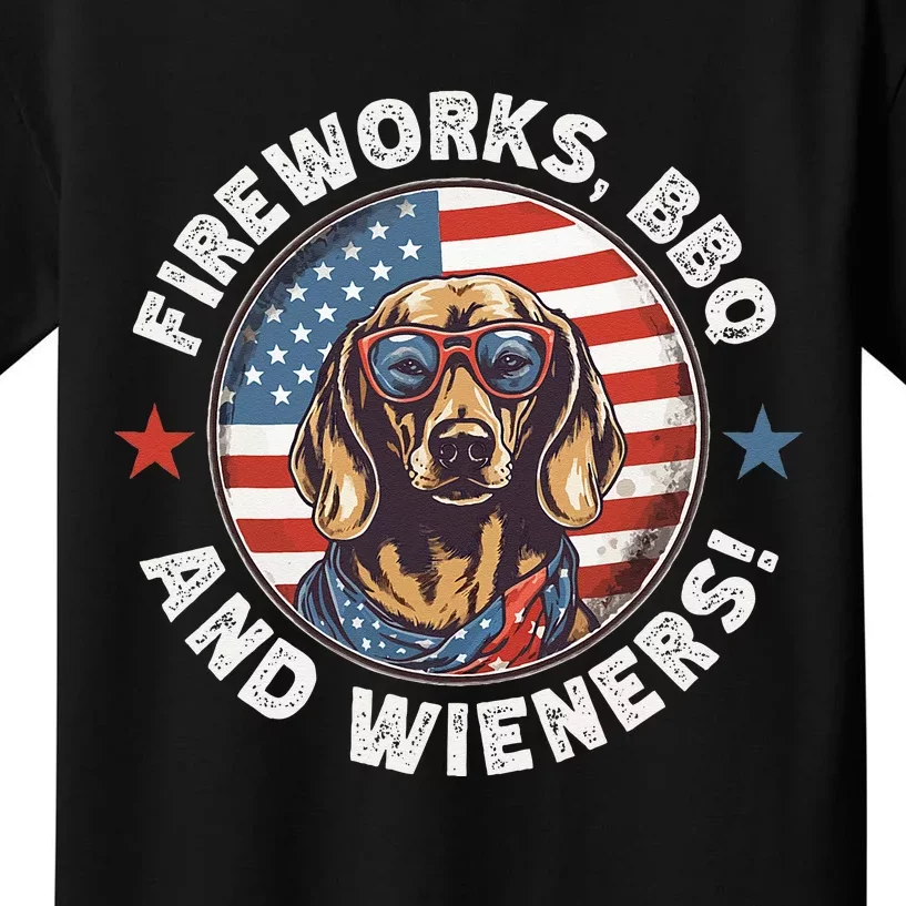 Fireworks BBQ & wieners Funny Weiner Dog July 4th Dachshund Kids T-Shirt