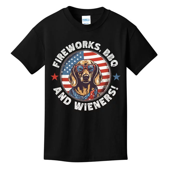 Fireworks BBQ & wieners Funny Weiner Dog July 4th Dachshund Kids T-Shirt