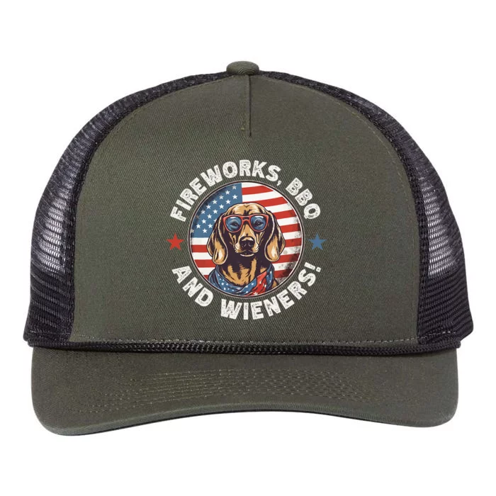 Fireworks BBQ & wieners Funny Weiner Dog July 4th Dachshund Retro Rope Trucker Hat Cap