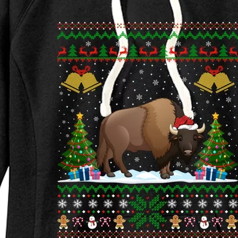 Funny Bison Xmas Gift Santa Hat Ugly Bison Christmas Cute Gift Women's Fleece Hoodie