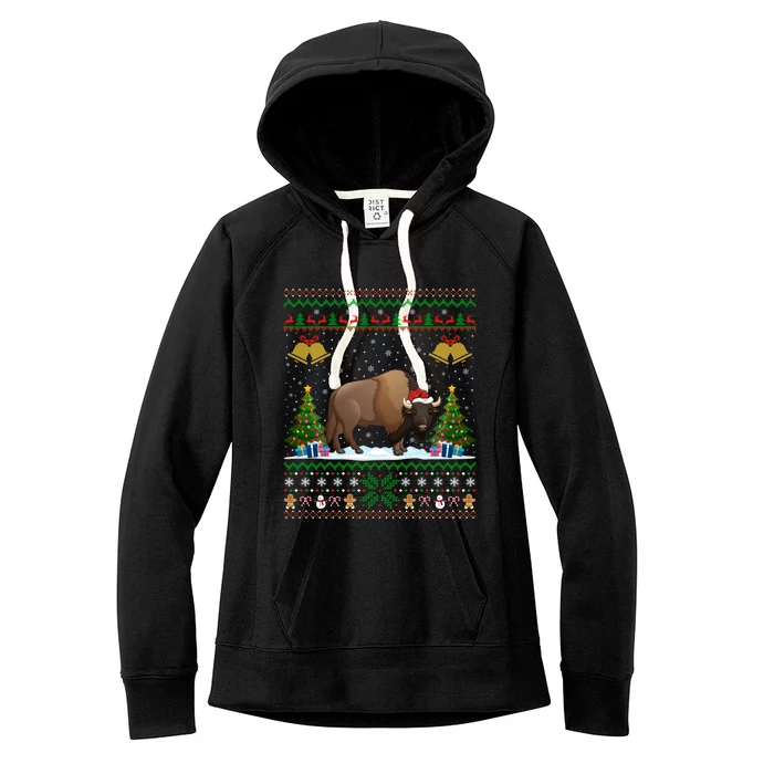 Funny Bison Xmas Gift Santa Hat Ugly Bison Christmas Cute Gift Women's Fleece Hoodie