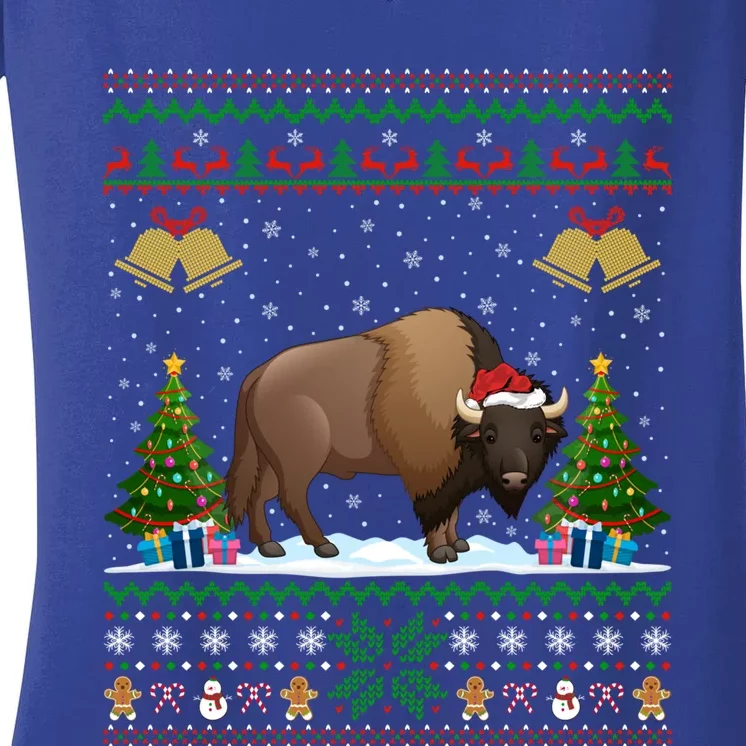 Funny Bison Xmas Gift Santa Hat Ugly Bison Christmas Cute Gift Women's V-Neck T-Shirt