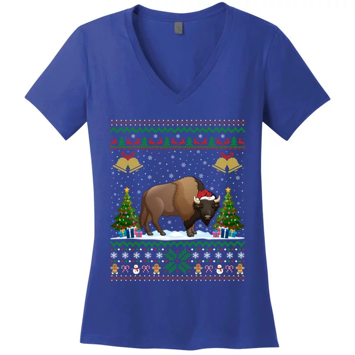 Funny Bison Xmas Gift Santa Hat Ugly Bison Christmas Cute Gift Women's V-Neck T-Shirt