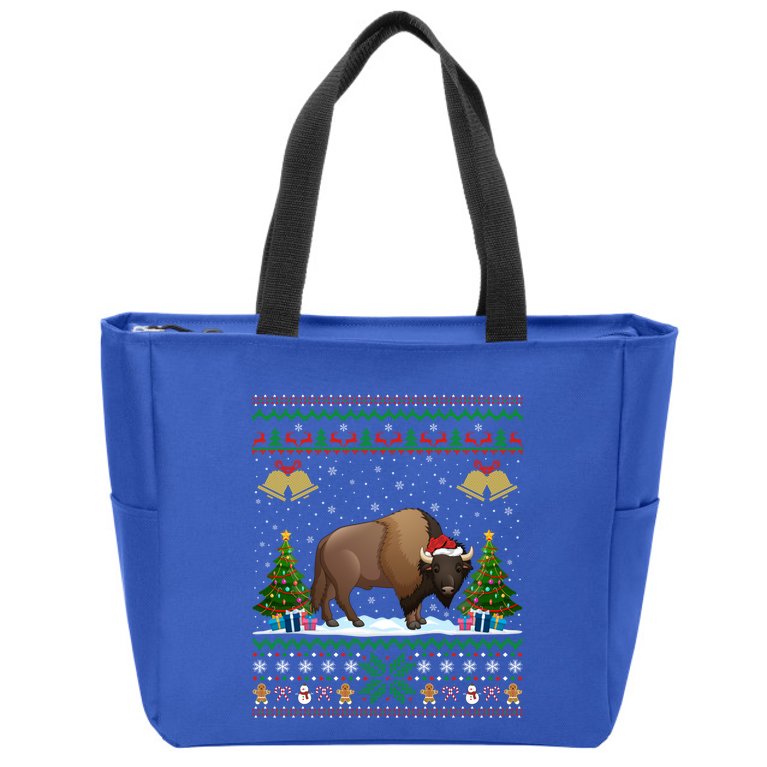 Funny Bison Xmas Gift Santa Hat Ugly Bison Christmas Cute Gift Zip Tote Bag
