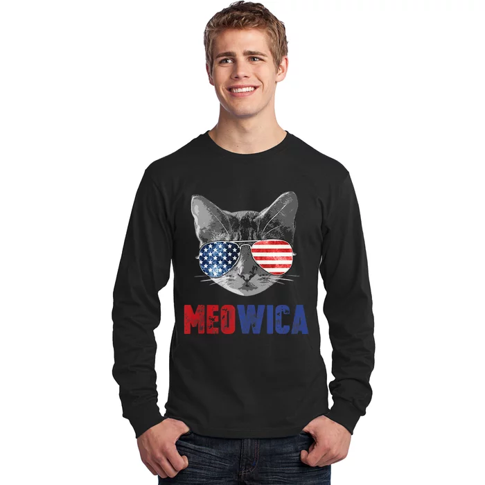 Funny Cat 4th Of July Meowica Merica Usa American Flag Long Sleeve Shirt