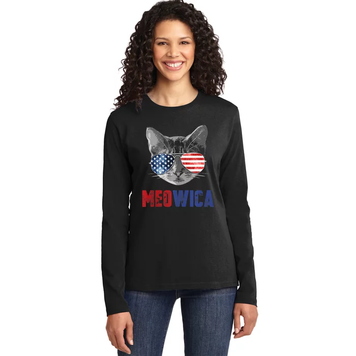 Funny Cat 4th Of July Meowica Merica Usa American Flag Ladies Long Sleeve Shirt