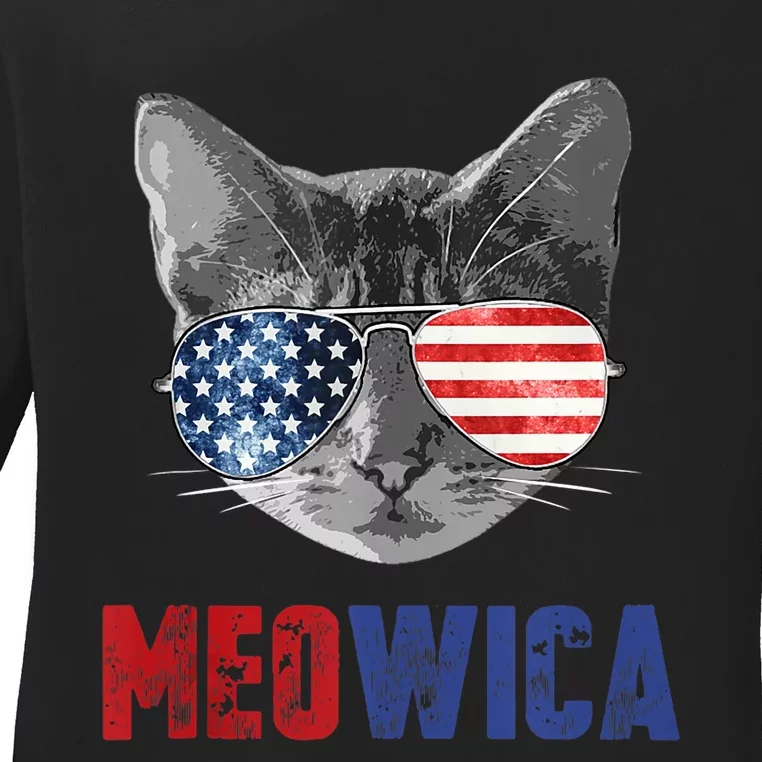 Funny Cat 4th Of July Meowica Merica Usa American Flag Ladies Long Sleeve Shirt