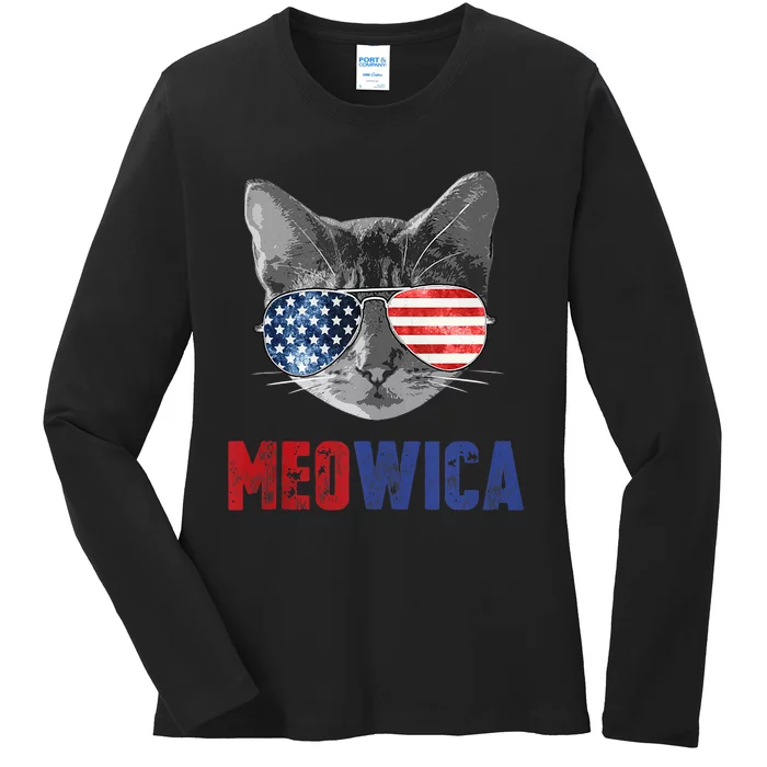 Funny Cat 4th Of July Meowica Merica Usa American Flag Ladies Long Sleeve Shirt