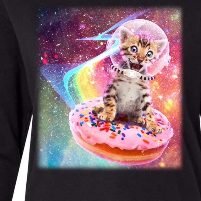 Funny Cute Astronaut Kitty On Rainbow Sprinkle Donut Womens Cotton Relaxed Long Sleeve T-Shirt