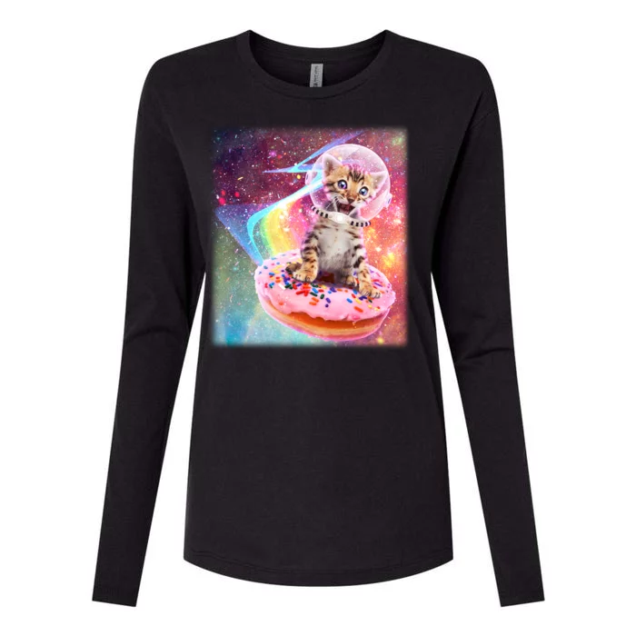 Funny Cute Astronaut Kitty On Rainbow Sprinkle Donut Womens Cotton Relaxed Long Sleeve T-Shirt