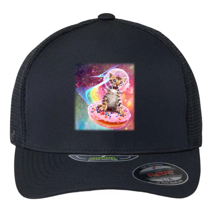 Funny Cute Astronaut Kitty On Rainbow Sprinkle Donut Flexfit Unipanel Trucker Cap