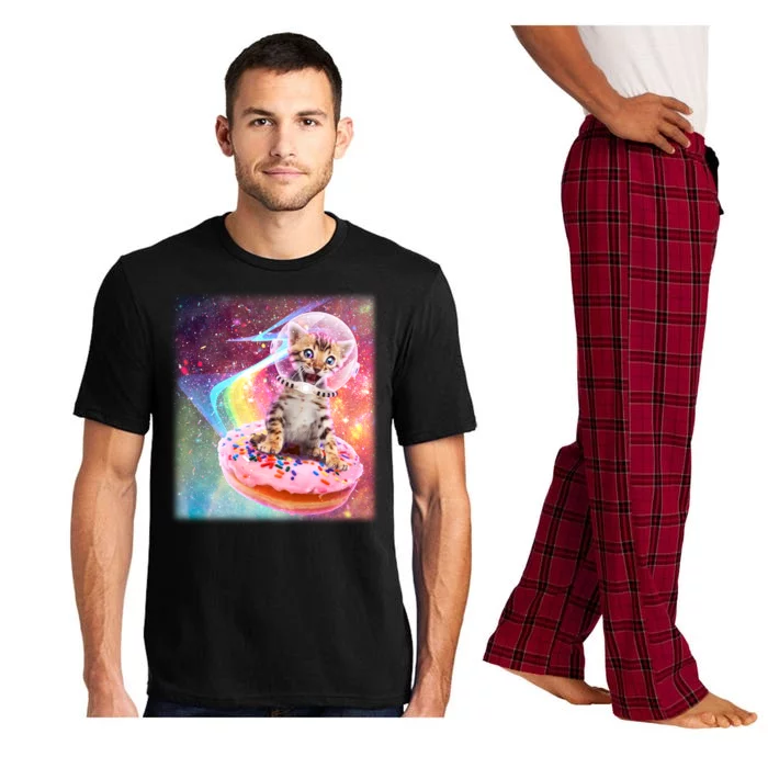 Funny Cute Astronaut Kitty On Rainbow Sprinkle Donut Pajama Set