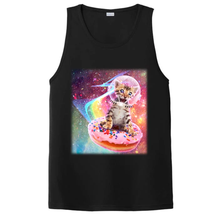 Funny Cute Astronaut Kitty On Rainbow Sprinkle Donut Performance Tank