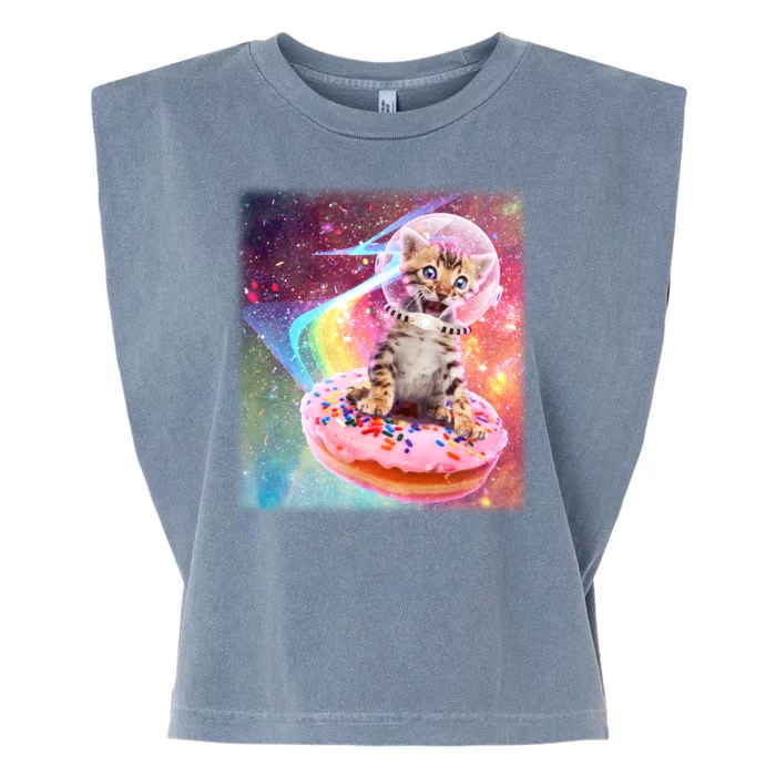 Funny Cute Astronaut Kitty On Rainbow Sprinkle Donut Garment-Dyed Women's Muscle Tee