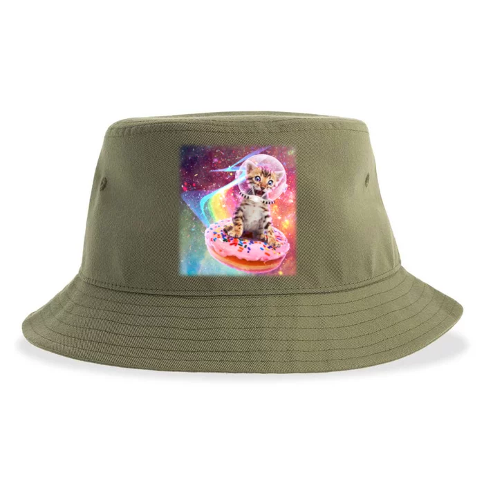 Funny Cute Astronaut Kitty On Rainbow Sprinkle Donut Sustainable Bucket Hat