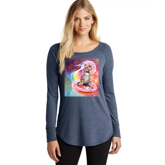 Funny Cute Astronaut Kitty On Rainbow Sprinkle Donut Women's Perfect Tri Tunic Long Sleeve Shirt