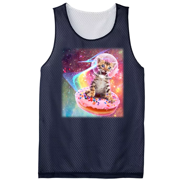 Funny Cute Astronaut Kitty On Rainbow Sprinkle Donut Mesh Reversible Basketball Jersey Tank