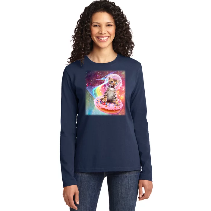 Funny Cute Astronaut Kitty On Rainbow Sprinkle Donut Ladies Long Sleeve Shirt