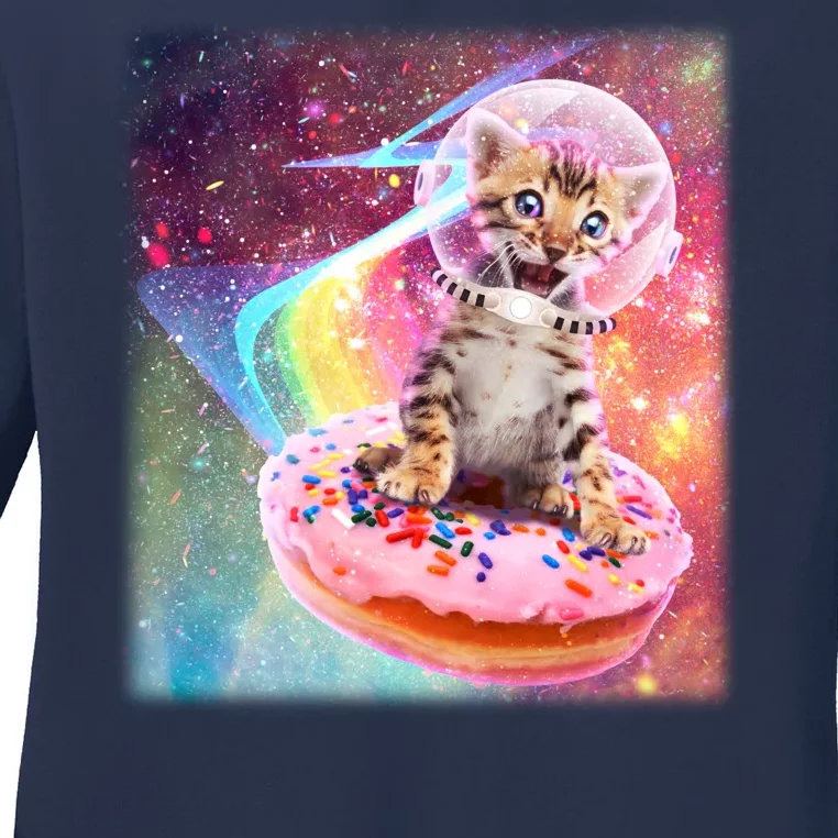 Funny Cute Astronaut Kitty On Rainbow Sprinkle Donut Ladies Long Sleeve Shirt