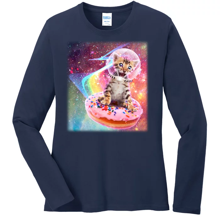 Funny Cute Astronaut Kitty On Rainbow Sprinkle Donut Ladies Long Sleeve Shirt