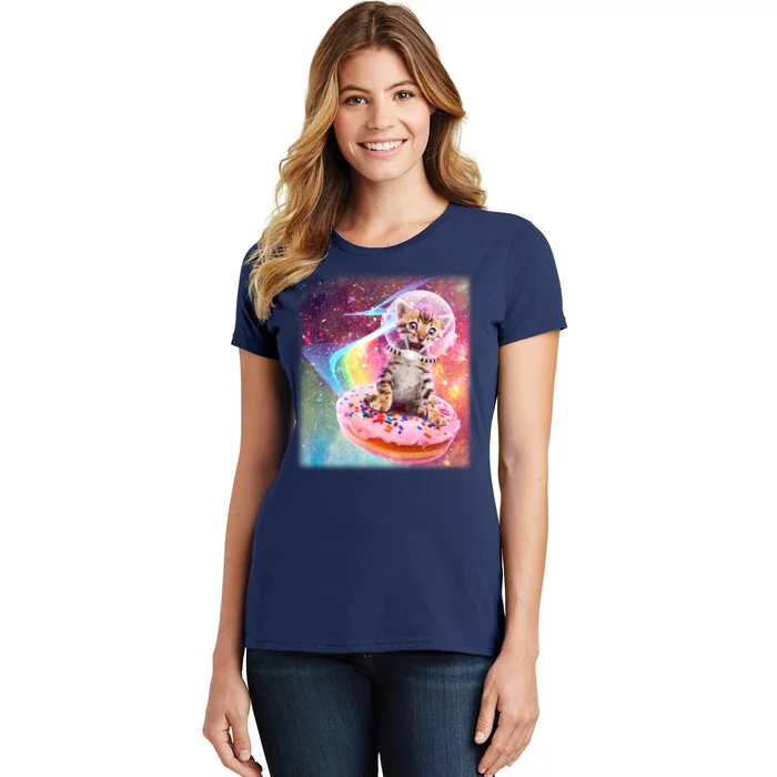 Funny Cute Astronaut Kitty On Rainbow Sprinkle Donut Women's T-Shirt