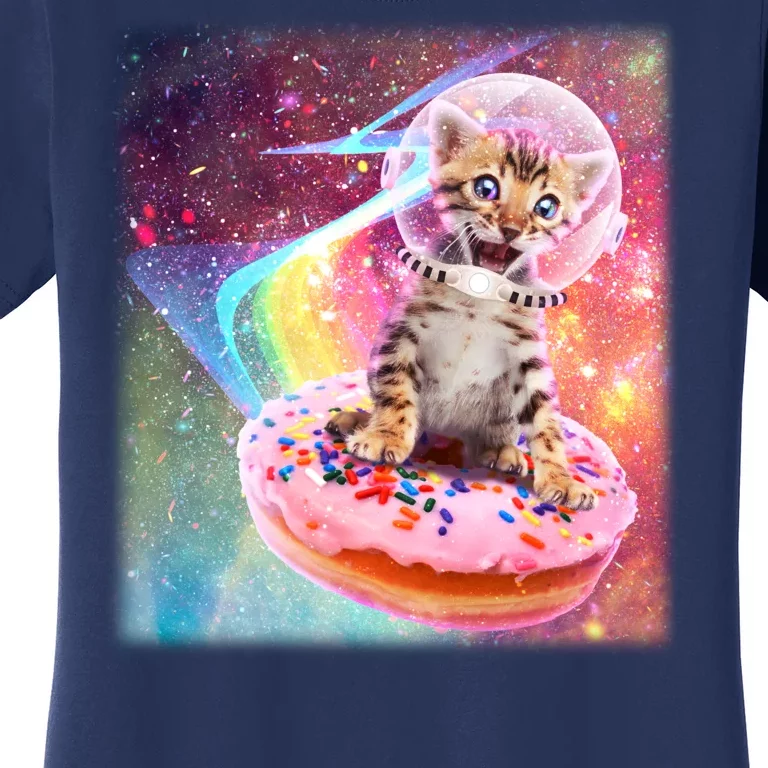 Funny Cute Astronaut Kitty On Rainbow Sprinkle Donut Women's T-Shirt