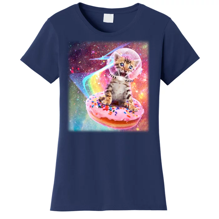 Funny Cute Astronaut Kitty On Rainbow Sprinkle Donut Women's T-Shirt