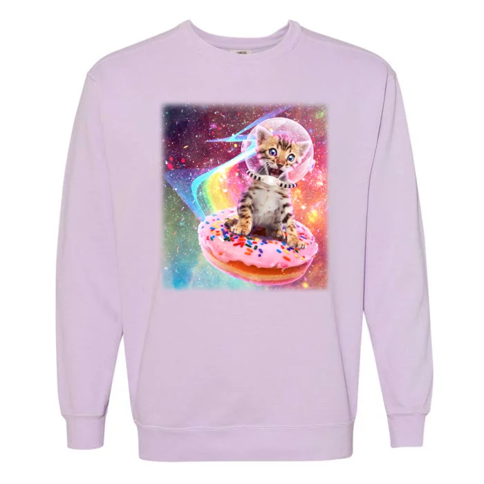 Funny Cute Astronaut Kitty On Rainbow Sprinkle Donut Garment-Dyed Sweatshirt