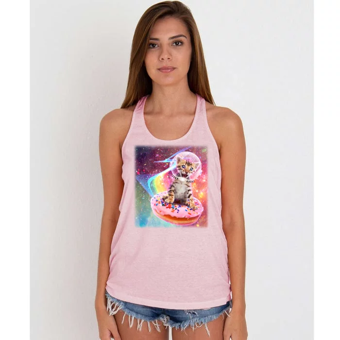 Funny Cute Astronaut Kitty On Rainbow Sprinkle Donut Women's Knotted Racerback Tank