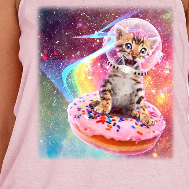 Funny Cute Astronaut Kitty On Rainbow Sprinkle Donut Women's Knotted Racerback Tank