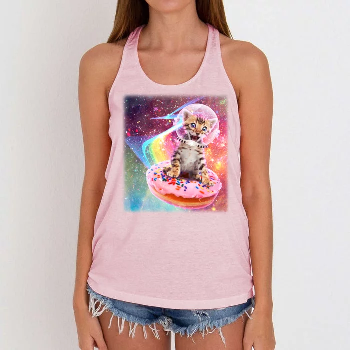 Funny Cute Astronaut Kitty On Rainbow Sprinkle Donut Women's Knotted Racerback Tank