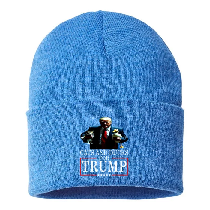 Funny Cats And Ducks For Trump 2024 Kittens Gift Sustainable Knit Beanie