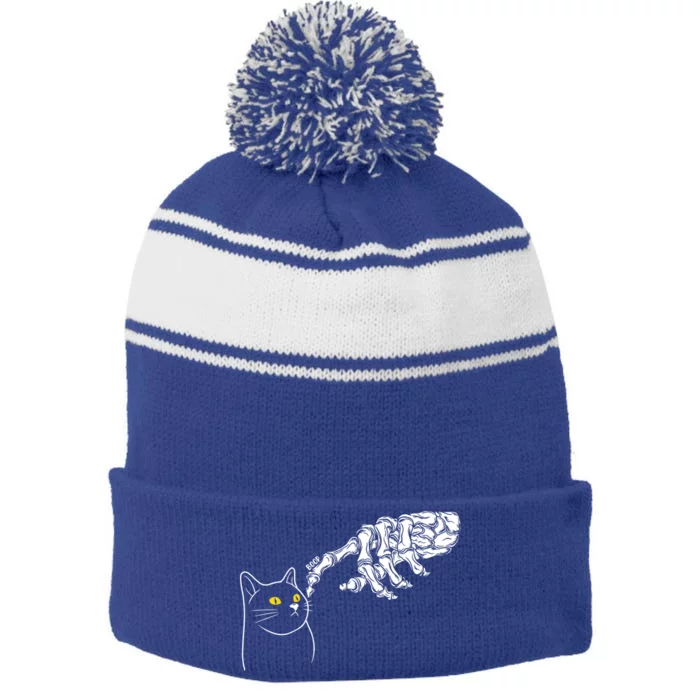 Funny Cat And Skeleton Hand Halloween Design Gift Stripe Pom Pom Beanie