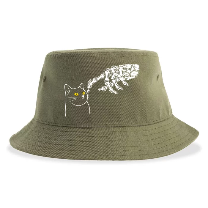 Funny Cat And Skeleton Hand Halloween Design Gift Sustainable Bucket Hat