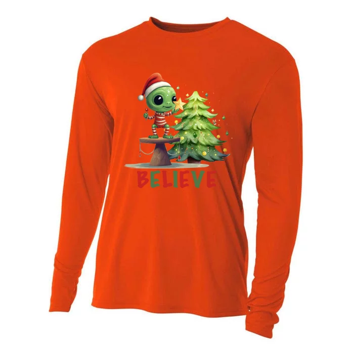 Fun Christmas Alien Believe In Magic Star Tree Holidays Gift Cooling Performance Long Sleeve Crew