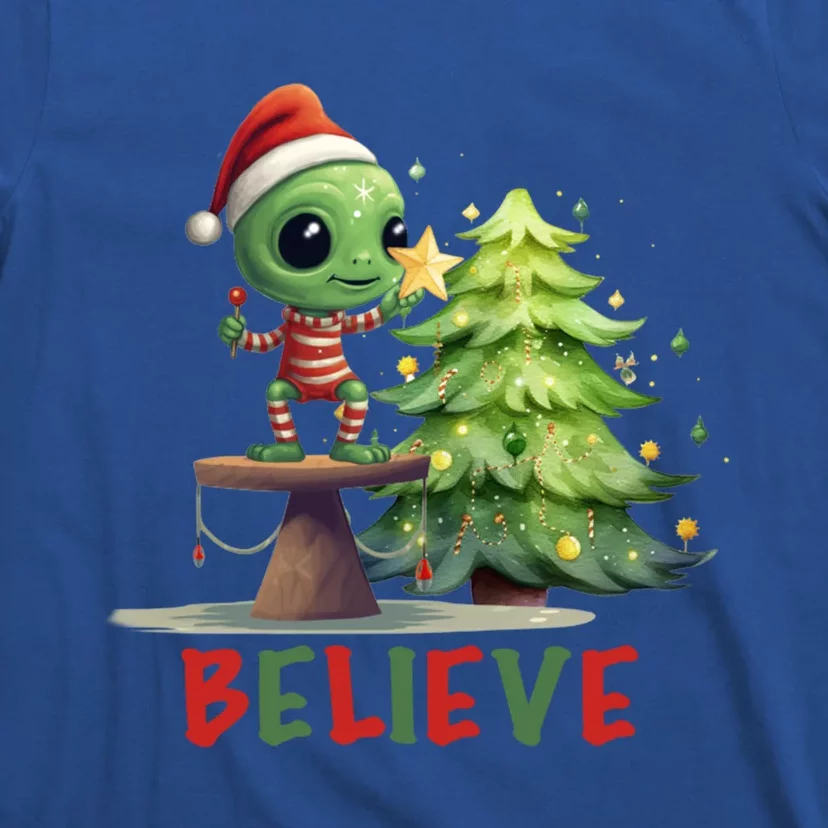 Fun Christmas Alien Believe In Magic Star Tree Holidays Gift T-Shirt