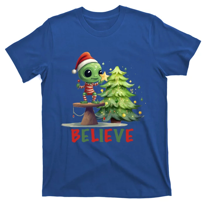 Fun Christmas Alien Believe In Magic Star Tree Holidays Gift T-Shirt